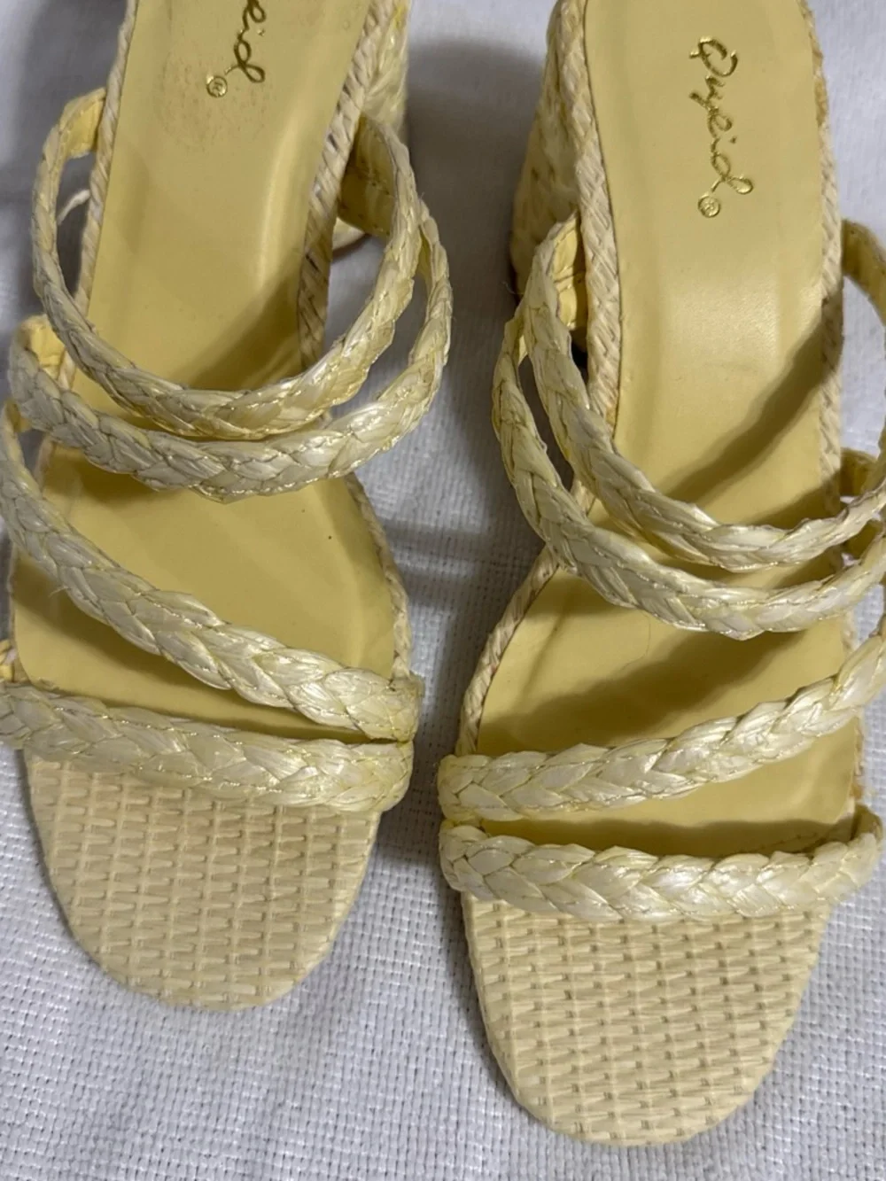 Qupid Light Yellow Braided Strap Slide Heels